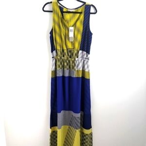 JOAN Vaas Geometric Sleeveless Maxi Dress Navy Yellow M
